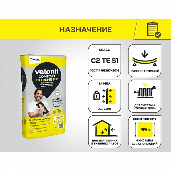 Клей для плитки/керамогранита/камня Comfort Extreme Fix, VETONIT